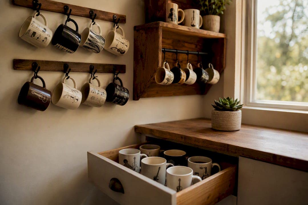 3 renter friendly mug display ideas: hooks, risers, and a lined drawer